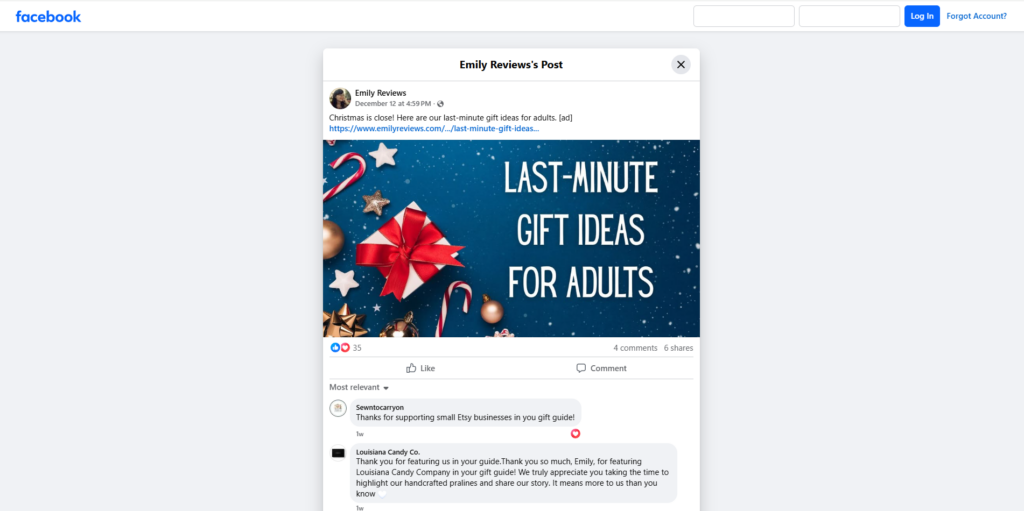 Emily Reviews Facebook post sharing the 2025 Holiday Gift Guide featuring Easy Video Transfer by Indipro Tools