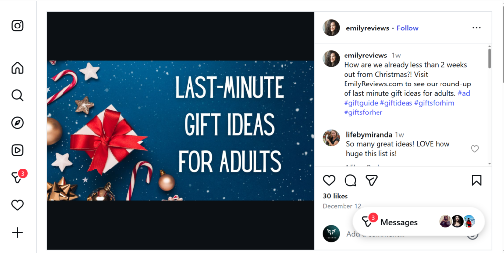 Emily Reviews Instagram post promoting the Holiday gift guide featuring Easy Video Transfer by Indipro Tools